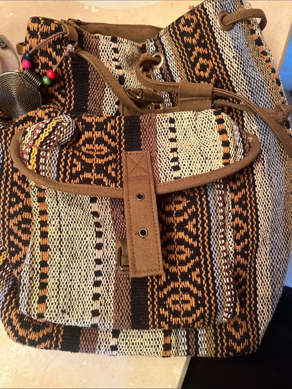 Boho Woven Brown & Cream Pattern Backpack - Unbranded